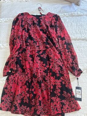 Tommy Hilfiger Black Long Sleeve Dress with Red Floral Print
